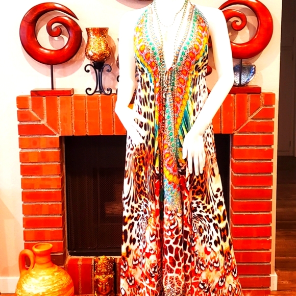 **LAST ONE***MANISH VAID Leopard Love Teal Orange Silk Hi-Lo Dress-NWT-OS - Picture 5 of 9